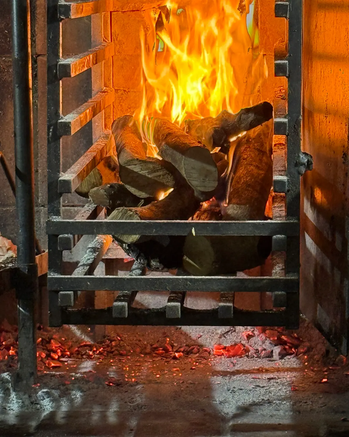 Leña ardiendo tras la reja del asador de Casa Parra, con las brasas al rojo debajo